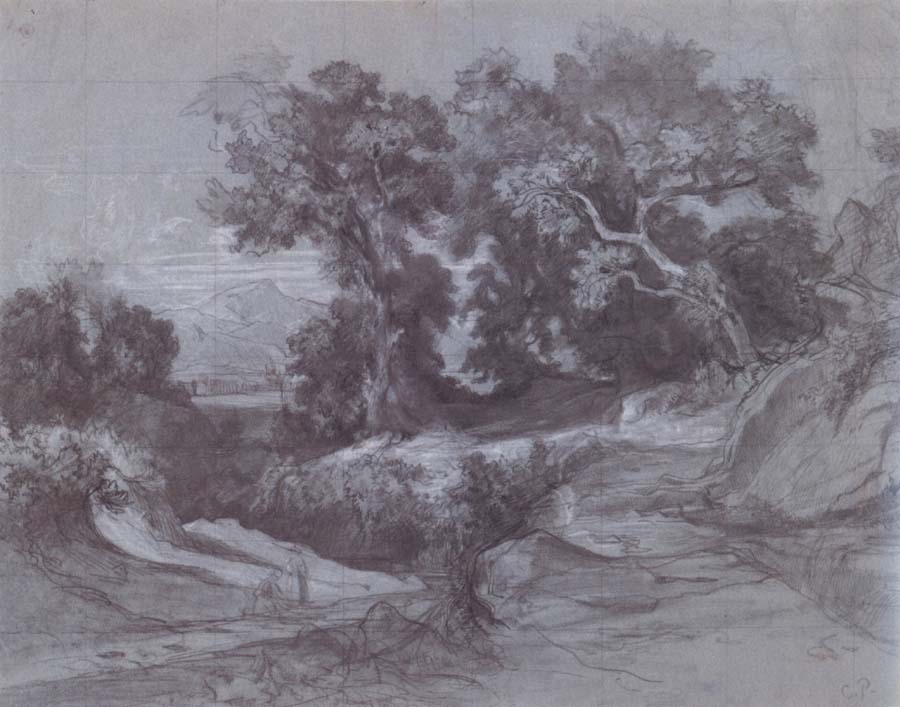 Landscape with trees,two figures on a road and mountains in the background